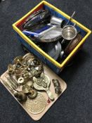 A tray and box of assorted metal ware - brass bellows, brass figure of a bison, wall lights,