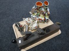 A pair of Staffordshire flat back spill vases, Sadler gilded floral sugar basin and milk jug,