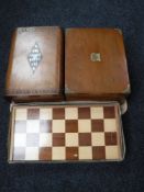 A chess board and pieces together with two Victorian table boxes CONDITION REPORT: