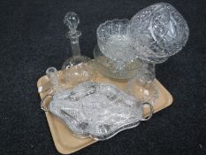 A tray of assorted glassware and lead crystal to include table lamp with shade, decanter,