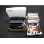 Two boxes containing assorted LP's and 45's together with a box of mirror, two laptops,