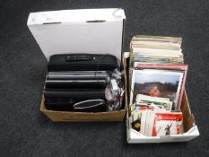 Two boxes containing assorted LP's and 45's together with a box of mirror, two laptops,