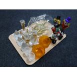 A tray of two Murano glass clowns, glass prisms,