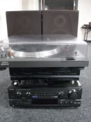 A pair of teak cased Wharfedale speakers together with a Sony direct drive turntable,