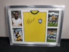 A framed Pele sporting montage with signed Brazil shirt