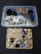 A tray and box containing Oriental tea service, Chokin ware, assorted glassware, dog figurines,