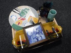 A tray of Rubena ware Art Deco jug, Art Deco pottery vase, Royal Doulton sandwich plate,