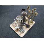 A tray of assorted plated wares, cannon table lighter, two metal dog figures,