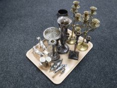 A tray of assorted plated wares, cannon table lighter, two metal dog figures,