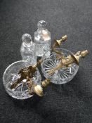 Two lead crystal whiskey decanters and three bowls,