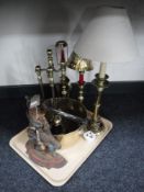 A tray of cast iron Mr Punch door stop, brass companion set, jam pan,