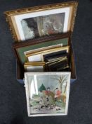 A box of assorted picture frames, framed Racing Post special edition Death Desert Orchid,
