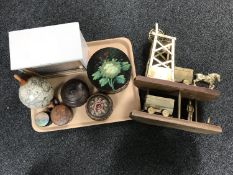 A tray containing a wooden egg cabinet, miniature globe on stand,