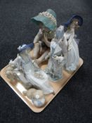 A tray of six Spanish figures and a continental figure of a child with bonnet