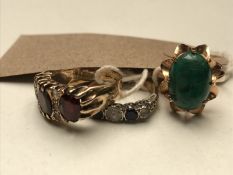 Two 9ct gold dress rings together with a 14ct gold ring with polished malachite stone.