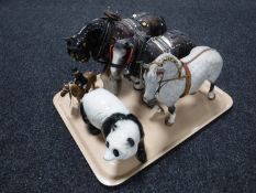 A tray of Beswick shire horse (grey, front foot raised), a Melba Ware panda and shire horse,