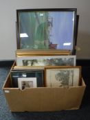 A box of assorted framed pictures, three gilt framed Turner prints,