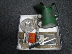 A box of metal backed hand mirror and brush, letter opener, small brass framed mirror,