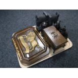 A tray of assorted wooden pieces including a musical trinket box in the form of a coffer,