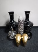A pair of decorative contemporary black glass vases together with two other vases,