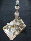 A tray of onyx lamp base, onyx telephone, pair of bookends, desk stand, lidded pot,