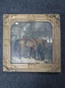 A 19th century gilt framed print depicting animals in a stable