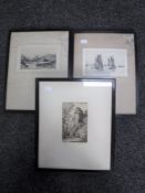 Three framed antiquarian black and white etchings