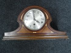 A Victorian inlaid mahogany mantel clock with silvered dial (plus pendulum and key)