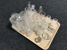 A tray of assorted glass ware including Edinburgh Crystal decanter and thistle vase,