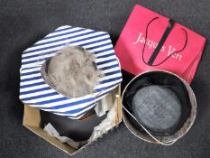 Two hats boxes of five formal lady's hats and a suit bag containing dresses and skirts
