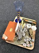 A tray of collectables including Villeroy & Boch blue glass candlestick, Limoges trinket pots,