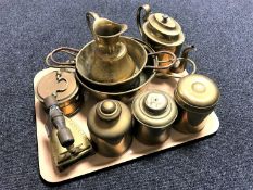 A tray of various brassware including teapot, tea canisters, sieves,