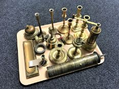 A tray of brassware including candlesticks, table bell,