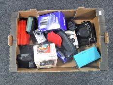 A box of various cameras including Polaroid etc