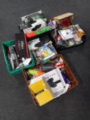 Six boxes of assorted electricals including two-way speakers, web cams, Sky Hawk R.C.