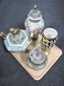 A tray of Japanese lidded biscuit barrel and a lidded comport,