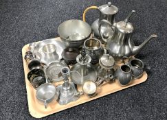 A tray of continental pewter and silver plated tea wares,