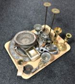 A tray of various metal wares including antique nut cracker, brass candlesticks,