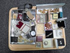 A tray of costume and silver jewellery, brooches, earrings,