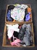 Two boxes of lady's clothing, hand bags,