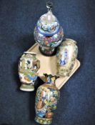 A tray of three 20th century Japanese vases and a gilded oriental style table lamp