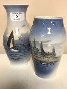 A Royal Copenhagen baluster vase decorated with a sailing boat, height 18cm,