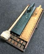 A printers type tray and other continental wooden items including two mangle boards