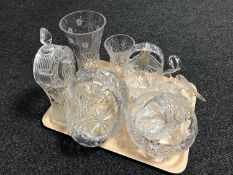 A tray of assorted glass ware including three graduated baskets, glass clock case, fruit bowl,