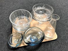 A tray of 20th century Danish glassware including two Holmegaard blue glass bowls