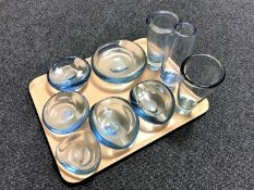 A tray of nine pieces of Danish Holmegaard blue glass