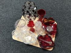A tray of assorted glass ware, Caithness rose bowl, lidded preserve pot, bowls,