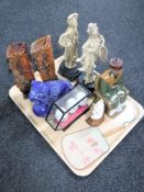 A tray of oriental style resin figures, pair of soapstone vases, pottery Emperor figure,