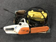 Two boxes of assorted power tools including a Wolf belt sander, cased Dewal 12 volt drill,