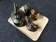 A tray of two antique copper kettles and two copper coffee pots